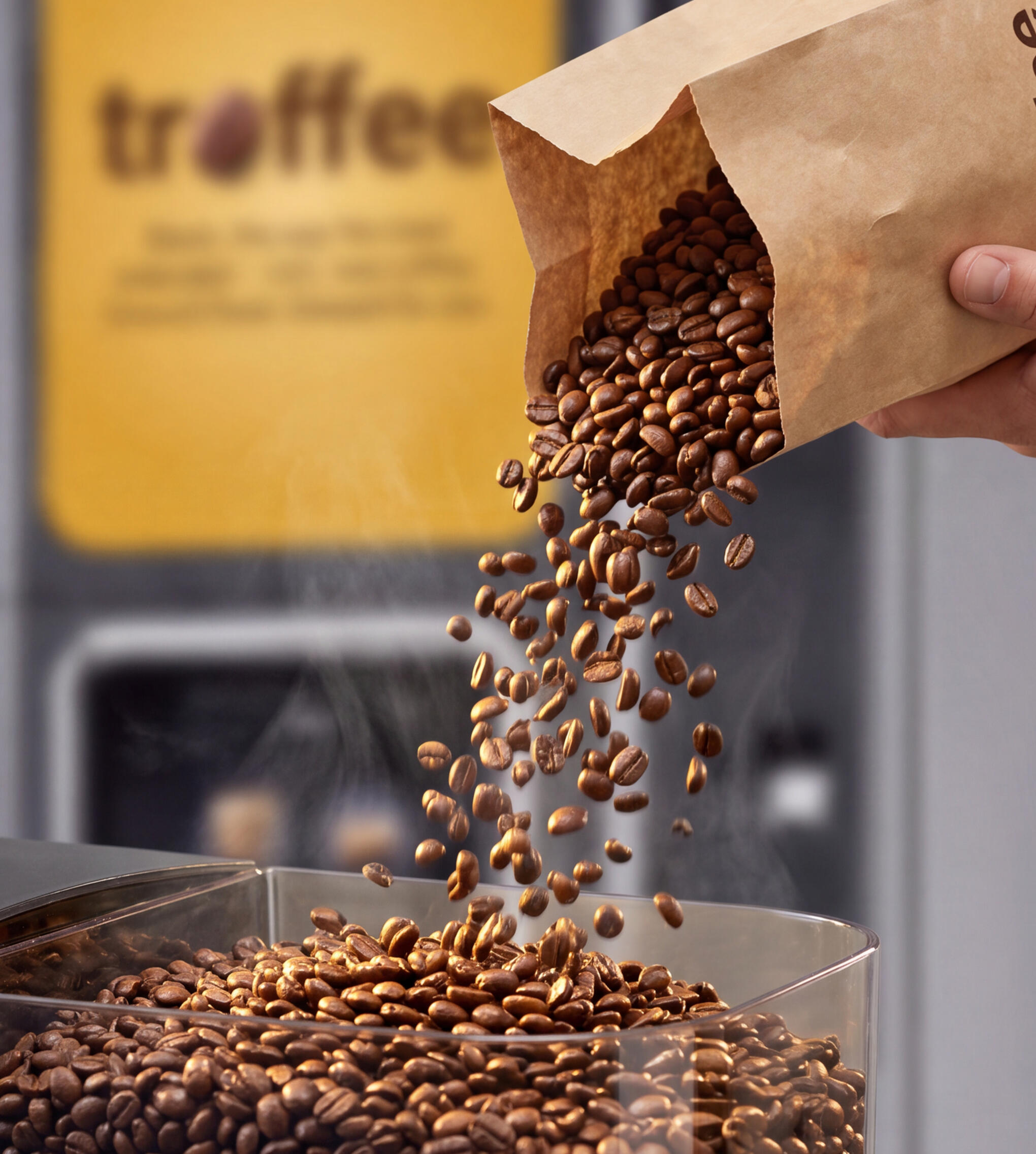Fresh whole coffee beans being poured into the Troffee machine hopper